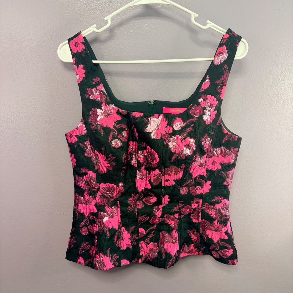 Lilly Pulitzer Womens Pink Green Floral Metallic Jacquard Bodice Top Size 4